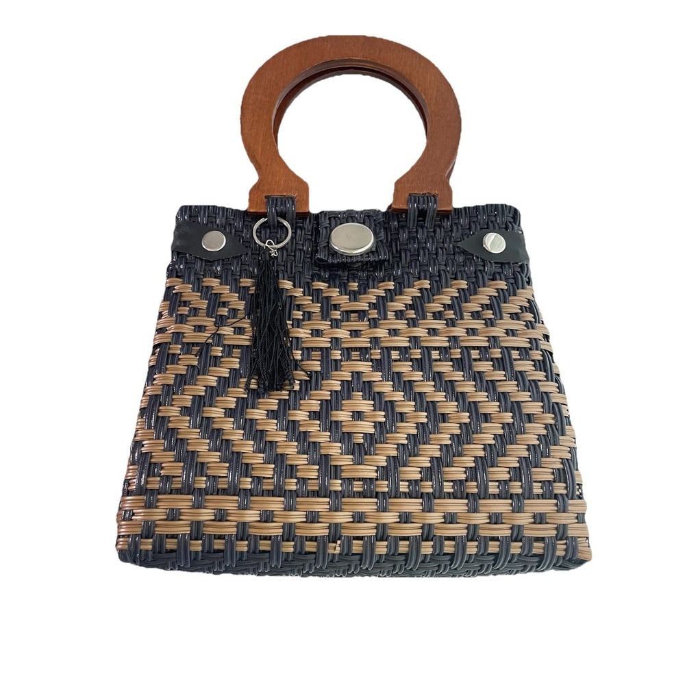 Mexican Handwoven Vinyl Tote Bag Black Beige Wood Handles Geometric Beach